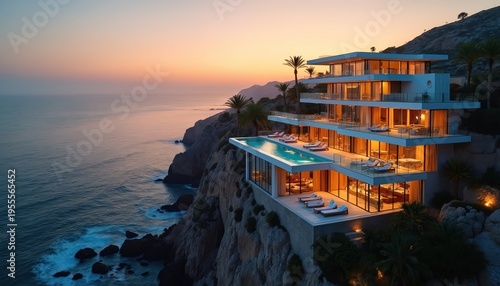 Modern luxury villa with infinity pool sits on ocean cliff at sunset. House has multiple levels balconies, ocean view, palm trees, warm interior lights.