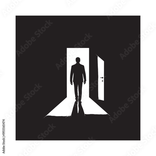 A silhouetted figure stands in a brightly lit doorway against a dark background