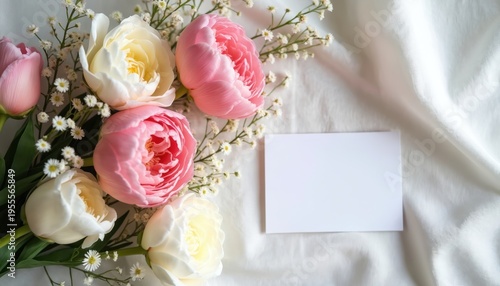 Pink and white peony flowers arranged with baby breath on white fabric. Blank card sits beside floral composition. Soft light creates airy feel for design.