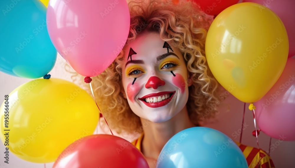 Naklejka premium Woman with clown makeup smiles holding colorful balloons. Curly blonde hair frames her happy face with bright yellow eye shadow and red nose. Festive celebration mood.