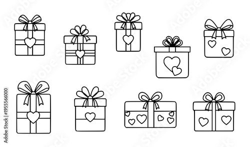 Black and white gift box heart icons minimalist romantic present vector set