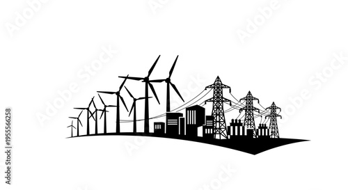 Renewable Energy and Industrial Power Grid Silhouette Icon - Sustainable Green Technology with Wind Turbines and Electricity Pylons on White Background