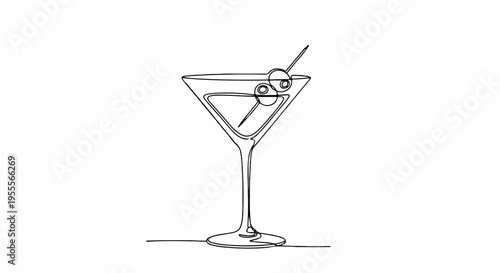 Martini glass with cocktail and olive garnish on a stick simple line drawing elegant drink