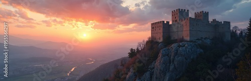 Stone castle on rocky hill at sunset. Scenic valley with river below. Orange sky clouds light up ancient fortress walls. Timeless European landmark view.
