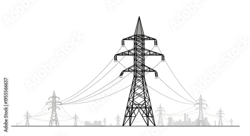 High Voltage Electricity Pylon and Power Lines Illustration with City Skyline - Vector Concept for Industrial Energy Distribution