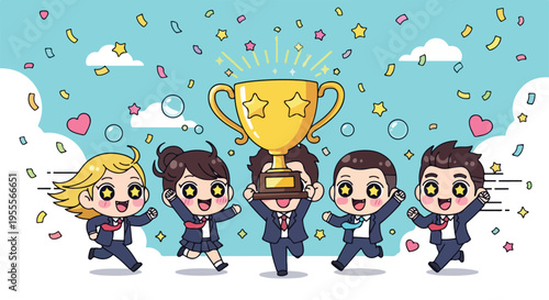 Cartoon illustration of a diverse group of businesspeople celebrating with a trophy amidst confetti and stars on a blue background with white clouds.