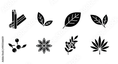 A collection of eight black and white botanical icons on a plain white background, featuring various leaf and flower designs.