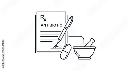Antibiotic Prescription and Pill with Mortar and Pestle, Medical Concept