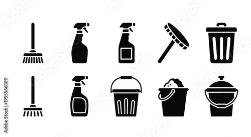 A set of ten black and white cleaning icons including brooms, spray bottles, buckets, and trash cans on a plain white background.