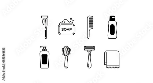 Bathroom Essentials Icons: Toothbrush, Soap, Comb, Shampoo, Razor, Towel