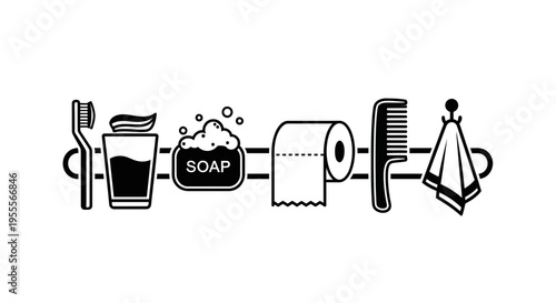Bathroom essentials line icon set: toothbrush, toothpaste, soap, toilet paper, comb, towel