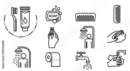 Bathroom Hygiene Icons: Toothbrush, Soap, Comb, Shower, Toilet Paper, Faucet, Washing Hands