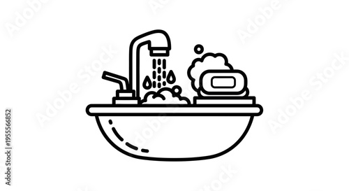 Bathtub with running water, soap, and bubbles, clean bathroom icon