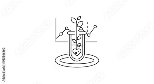 Biotechnology research: plant growing in test tube with heart symbol, data graph