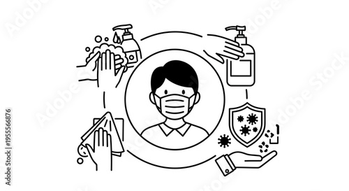Hygiene Measures: Person in Mask, Hand Washing, Sanitizing, and Disinfection