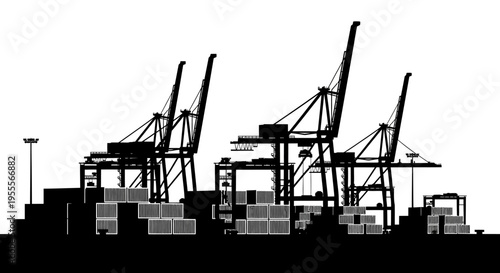 Industrial Port Container Terminal Silhouette with Large Gantry Cranes and Cargo Stacks Isolated on White
