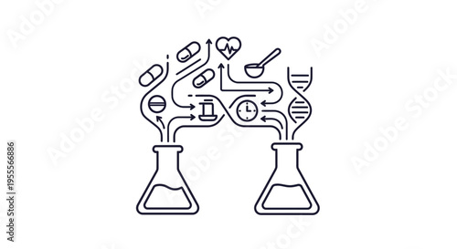 Biotechnology research: DNA, pills, flasks, and heart symbol