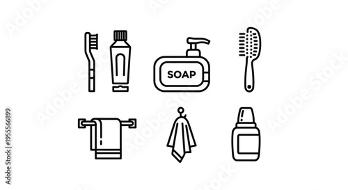 Bathroom hygiene icons: toothbrush, toothpaste, soap, towel, and more