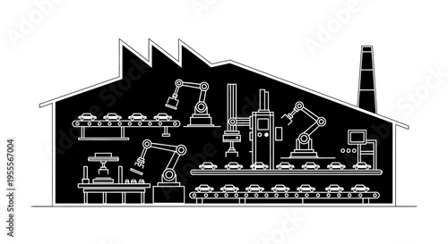 Modern Automotive Manufacturing Plant with Robotic Assembly Line and Automation Technology Vector Illustration