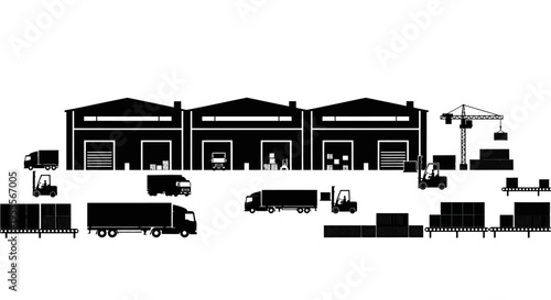 Industrial Warehouse and Logistics Center Silhouette Vector with Delivery Trucks, Forklifts, and Shipping Containers