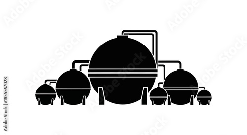 Industrial Gas and Oil Storage Tanks Silhouette Icon; Spherical Pressure Vessels for Chemical Plant or Refinery