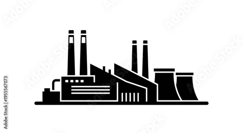 Industrial Power Plant and Manufacturing Factory Silhouette Icon Isolated on White Background