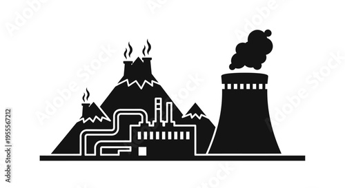Industrial Power Plant and Factory with Mountains Vector Icon; Geothermal Energy and Heavy Industry Production Concept Illustration