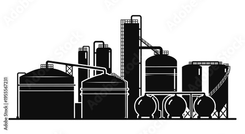 Industrial Factory and Oil Refinery Plant Silhouette with Storage Tanks and Silos on White Background