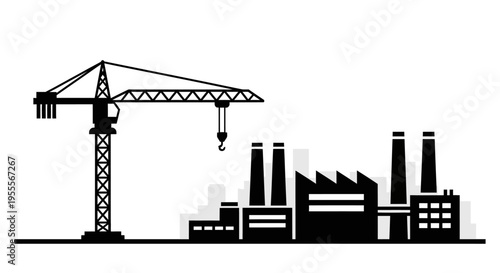 Industrial Factory and Construction Tower Crane Silhouette Vector Icon - Minimalist Manufacturing and Engineering Site Background