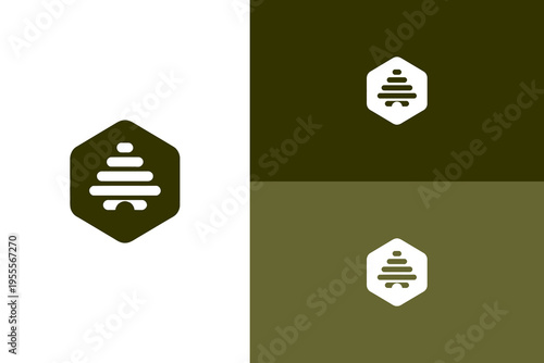 A minimalist and modern logo design featuring a stylized stacked shape resembling a beehive or cairn within a dark olive green hexagon, presented on various backgrounds.