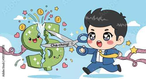 Cartoon illustration of a cheerful businessman cutting through a green dollar sign with scissors, surrounded by colorful confetti and symbols of financial success against a bright blue sky