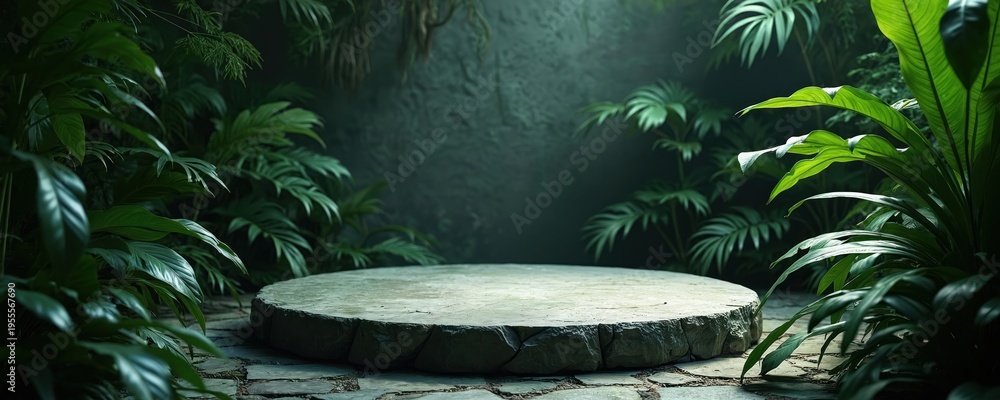 Obraz premium Circular stone platform nestled among rich green jungle foliage, plants. Natural stone ground paving with plants, shadows create serene, organic backdrop for product displays nature themes. Tranquil