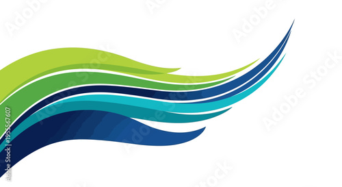 Clean abstract graphic of dynamic wavy lines in shades of blue, teal, and green. Concept of energy, water, movement, and technology on white background.