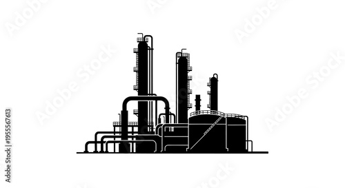 Industrial Oil Refinery and Chemical Plant Silhouette Vector. Black factory silhouette icon with towers, pipes, and storage tanks for energy and manufacturing concepts.
