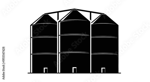 Black Grain Silo Silhouette Illustration - Industrial Agricultural Storage Tanks and Grain Elevators Isolated on White Background