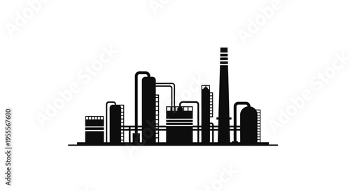 Industrial Plant Silhouette: Oil Refinery and Chemical Factory Icon on White Background