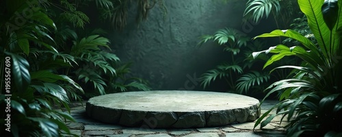 Circular stone platform nestled among rich green jungle foliage, plants. Natural stone ground paving with plants, shadows create serene, organic backdrop for product displays nature themes. Tranquil