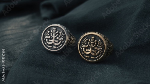 signet. Two ceremonial badges, one silver and one gold, side-by-side on dark velvet cloth. event programs, museum guides, designed for cultural heritage projects and event programs.