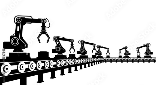 Automated Factory Production Line with Industrial Robotic Arms Silhouette