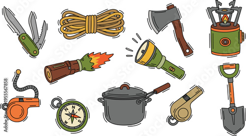 Collection of camping gear and survival equipment in hand drawn doodle style