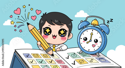 Cartoon boy with a big pencil and sleepy eyes sitting next to an alarm clock on a textbook with colorful symbols, under a blue sky with clouds.