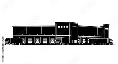 Modern Logistics Warehouse Silhouette with Delivery Trucks and Loading Docks for Supply Chain and Global Shipping Illustration