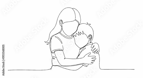 Loving mother hugging her sleeping baby tender moment family love warmth care comfort peaceful serene black and white illustration