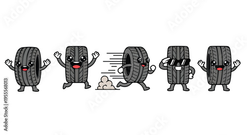 A set of four cartoon tires with expressive faces and arms performing various actions on a white background with motion lines.