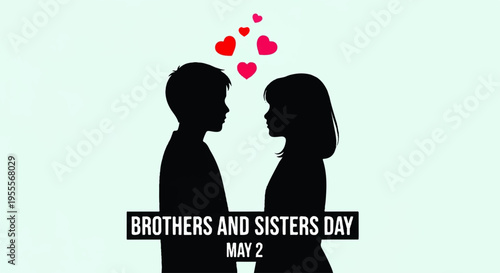 Brothers and sisters day celebration with silhouette of two kids and hearts