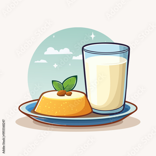 A delicious dessert with a glass of milk on a plate.
