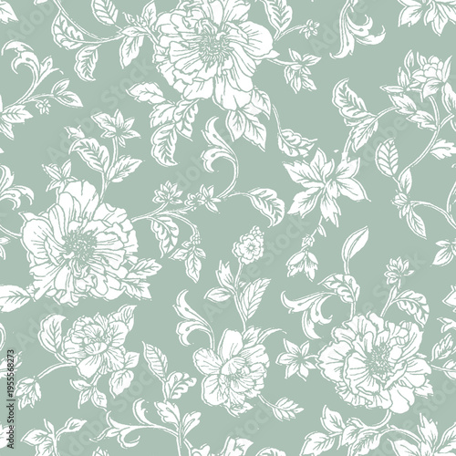Sage Green and White Peony Floral Seamless Pattern - Vintage Toile Botanical Textile Print