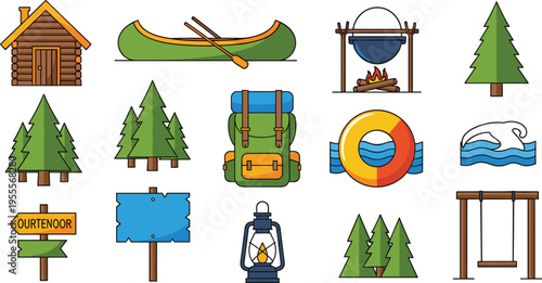 Outdoor summer camp and forest adventure icon set in flat design