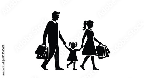 Silhouette of a family with a man, woman, and little girl walking together holding hands and shopping bags on a white background.
