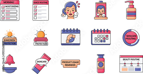 Skincare routine and beauty products icon set for daily facial care